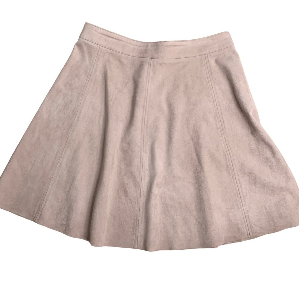 H&M Faux Suede Mini Skater Skirt 8 Mauve Button Zip Stretch Unlined Flat Front